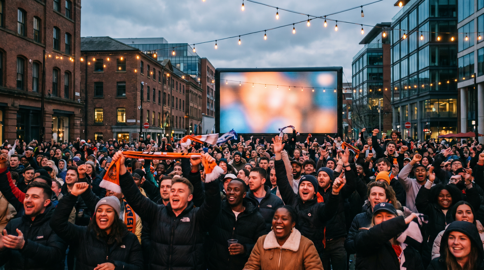World Cup 2026 3 Outdoor watch party crowd celebrating in a city plaza
